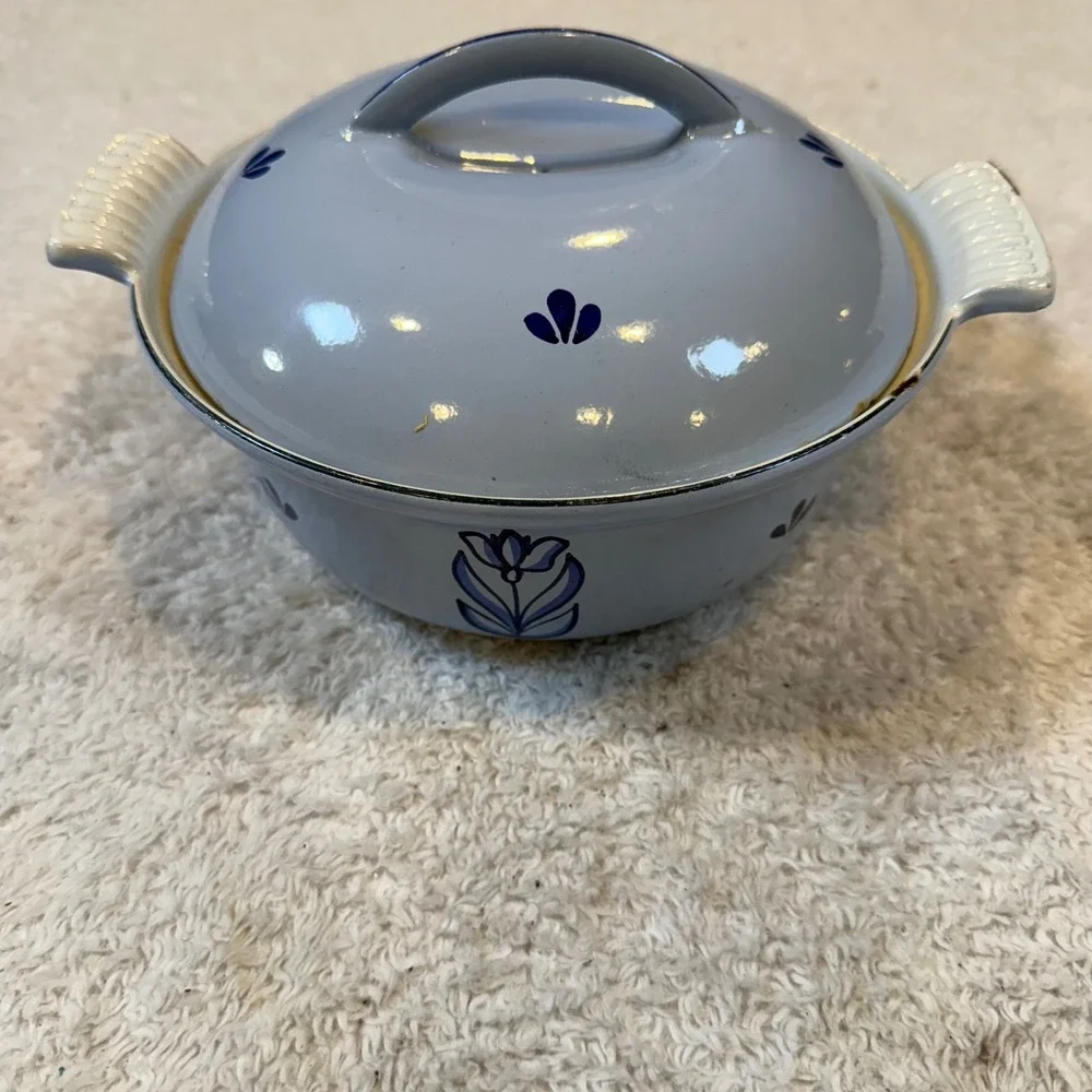 Vintage Holland Enamelware Casserole Dish with Lid Blue Tulip Floral 7.5 Inch